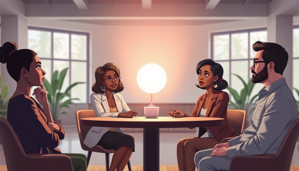 A small group in conversation in a warm, naturally lit room