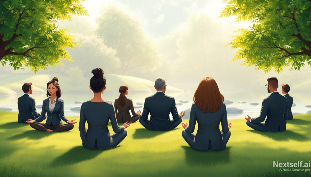 People practising mindfulness outdoors in a calm, green setting